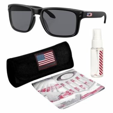 Imagem de OAKLEY Óculos de sol de formato quadrado HOLBROOK USA FLAG COLLECTION OO9102 com kit oficial de óculos, Preto fosco, 55 mm