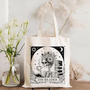 Imagem de Funny the Reader Tarot Card Canvas Tote Bag Presentes para mulheres amantes de livros Bookworms, Bookish Gifts Book Skeleton Reading Bolsa de ombro reutilizável para compras de supermercado e viagens