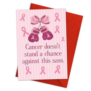 Imagem de Podagree Cartão engraçado de apoio ao câncer de mama – "Cancer Doesn't Stand a Chance Against This Sass" Cartão de incentivo para mulheres – Luvas de boxe rosa e design de fita – 20 x 13 cm