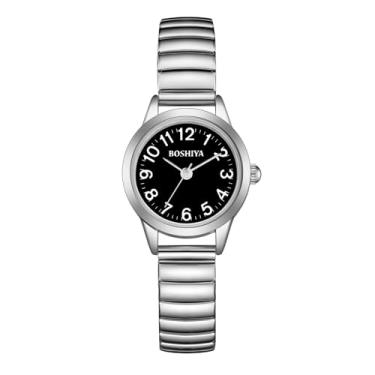Imagem de BOSHIYA Relógio feminino de aço inoxidável, analógico, quartzo, mostrador digital e pulseira elástica, à prova d'água, relógio feminino