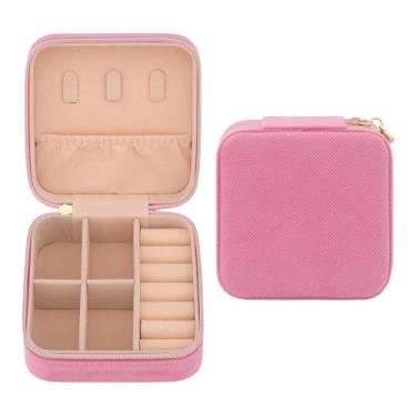 Imagem de Caixa de joias de viagem para mulheres e meninas, presente de aniversário, pequeno estojo organizador de joias de veludo portátil para colar de brincos, 10 x 10 x 5 cm, rosa vermelha