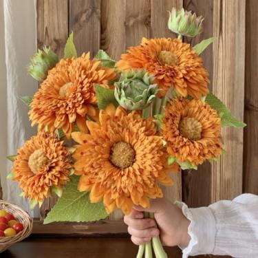 Imagem de Flor de simulação de girassol de pelúcia de 45 cm/45 cm, 3 cachos de girassol artificial de haste de seda falsa, para decoração de casa, festa, buquês de casamento, chá de bebê, decoração interna ao