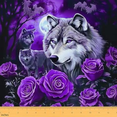 Imagem de jejeloiu Tecido de estofamento de lobo para cadeiras para crianças, meninos, meninas, animais, lobos, impermeável, decoração interna e externa, tecido floral rosa roxa da The Yard 2 jardas para quarto