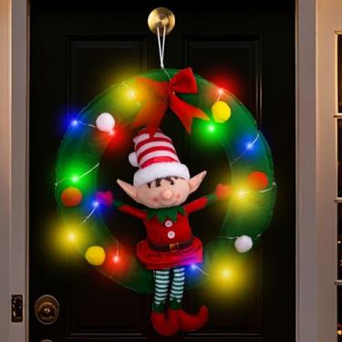 Imagem de JOEYSUT Decorações de Natal penduradas de 86 cm, guirlanda de elfo de Natal com luzes LED coloridas, enfeite de Natal criativo e divertido, decoração de casa de Papai Noel de pelúcia para parede