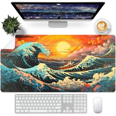 Imagem de FreeNook Tapete de mesa japonês Sea Wave, tapete de mesa para mesa, mouse pad de couro, tapete de teclado impermeável, tapete de computador antiderrapante, teclado e mouse pad para decoração de