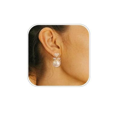 Imagem de Brincos de laço de pérola para mulheres, brincos de laço com strass, coração, pérola, joia de casamento para noiva, dama de honra