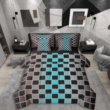 Imagem de Erosebridal Conjunto de edredom solteiro geométrico xadrez com 7 peças, marrom, azul-petróleo, para crianças e adultos, conjunto de cama quadriculado preto gradiente
