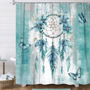 Imagem de DYNH Cortina de chuveiro de banho floral azul-petróleo, apanhador de sonhos, boêmio, aquarela, flores florais, borboleta, tecido boêmio, impermeável, decoração de banheiro com ganchos, 182 x 182 cm