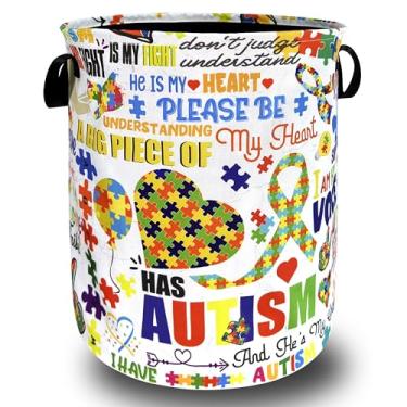 Imagem de Cesto de roupa suja com fita de conscientização do autismo pano oxford engraçado cesta de roupa suja com alça cesta de armazenamento de roupas portátil saco de lavanderia dobrável 48 cm x 42 cm para
