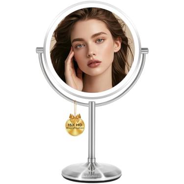 Imagem de VESAUR Espelho de maquiagem grande iluminado de 23 cm, espelho de ampliação dupla face recarregável de 5000 mAh com 3 cores reguláveis, espelho de vaidade de rotação de 1X/15X 360°, espelho cosmético