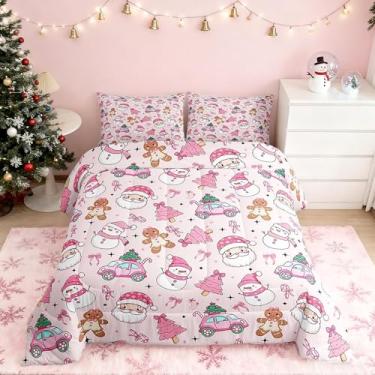 Imagem de Conjunto de edredom de Natal rosa, tamanho Queen, caminhão de árvore de Natal, 3 peças, para decoração de quarto de crianças, meninas, meninos, mulheres, Papai Noel e boneco de neve, edredom