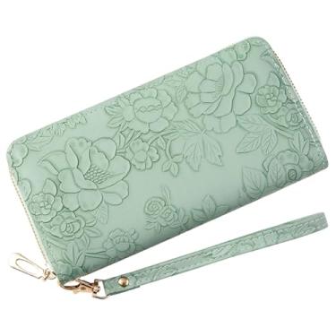 Imagem de RNIEGA Carteira feminina clutch de couro carteira de pulso moderna em relevo com bloqueio de RFID porta-cartão de crédito com alça, Verde menta
