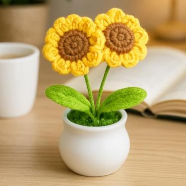 Imagem de Vaso de plantas de crochê, mini decoração de malha para casa/escritório/presentes, decoração de mesa ecológica, girassol (2 cabeças)