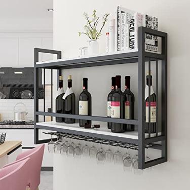 Imagem de Prateleira de parede de ferro para exibição de garrafa de vinho, taças pretas de cabeça para baixo, prateleiras de armazenamento de cozinha de bar restaurante com placa de madeira branca (tamanho: 100