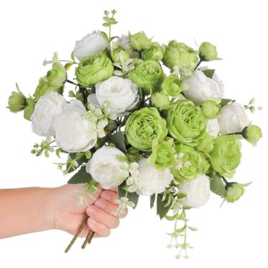 Imagem de Floweroyal 2 cachos de flores artificiais de peônia, flores verdes, buquês de peônias de seda para mesa de festa de casamento, arranjo floral, decoração de cozinha