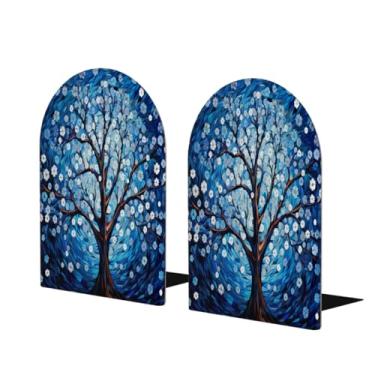 Imagem de Árvore azul pintura grande suporte de livros de madeira decorativo antiderrapante resistente terminais de livros para escritório mesa de escritório casa biblioteca escola estudo decoração divisórias