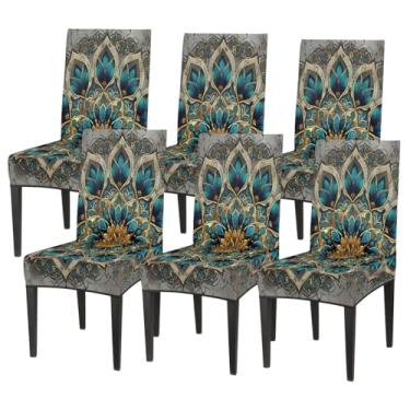 Imagem de hongjinglin Conjunto de 6 capas elásticas para cadeira de sala de jantar, capa protetora de assento étnica, vintage, mandala, removível, lavável, para cozinha, casa, hotel, banquete, festa de