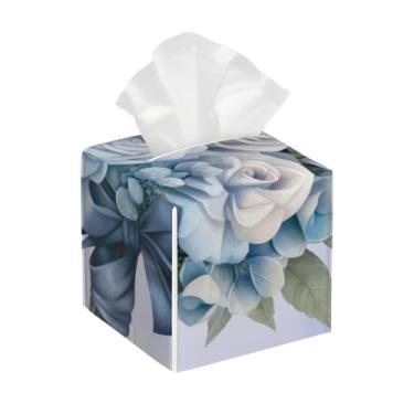 Imagem de Capa quadrada de couro para caixa de lenços de papel, à prova d'água, flores azuis, lindo organizador de papel facial com cinto inferior, estojo de lenços para mesa, banheiro, escritório, mesa, carro
