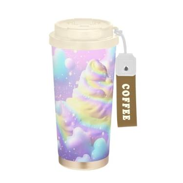 Imagem de SEHANY Caneca de viagem colorida com nuvens de arco-íris 482 g Copos de café reutilizáveis revestidos de cerâmica com tampa à prova de vazamento, parede dupla, isolamento a vácuo, copo de café de aço