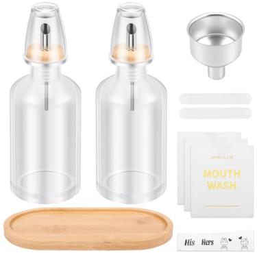 Imagem de Dispensador de enxaguante bucal de vidro para banheiro, enxaguante bucal de 335 g, dispensador de enxaguante bucal com copo, garrafa decantadora com bicos de aço inoxidável, adequado para enxaguante