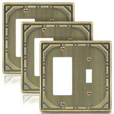 Imagem de Combinação de metal para interruptores de luz, placa de parede, 1 interruptor/1 placa decorativa de latão antigo placa de parede decorativa de 2 grupos - estilo retrô clássico, pacote com 3