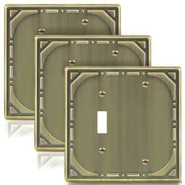 Imagem de Combinação de capas de interruptor de luz de metal, 1 interruptor/1 placa de interruptor em branco capas de tomada decorativas de latão antigo 2 placas de parede - estilo retrô clássico, pacote com 3