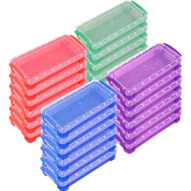 Imagem de Voittozege 24 caixas de lápis de plástico empilháveis, 4 cores, 21 x 10 x 4 cm, caixa de lápis de grande capacidade com fivelas brancas, estojo transparente para canetas, organizador com tampa de