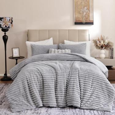 Imagem de weigelia Conjunto de cama King cinza – Conjunto de cama de lã de pelúcia ultramacia cinza claro, edredom de luxo fofo e quente com 2 fronhas, conjunto de cama confortável e pesada para o inverno