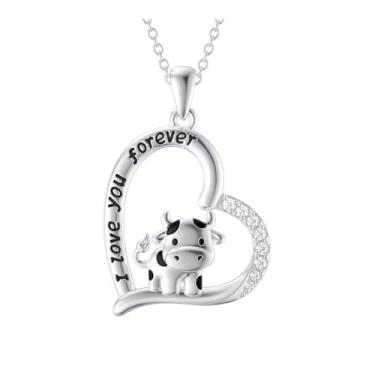 Imagem de Lindo colar com pingente de vaca em forma de coração I Love You Forever Colar de bezerro para amantes de animais para mulheres, presente de melhor amiga, Zinco, Sem Pedra Preciosa