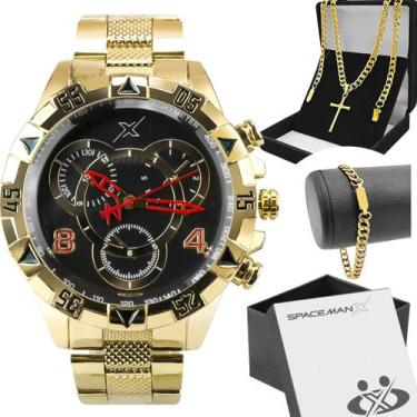 Imagem de relogio masculino dourado aço + pulseira + corrente + caixa ponteiro p