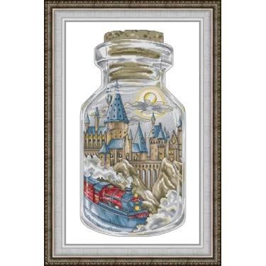 Imagem de CrossNest Kit de ponto cruz contado de 14 quilates para iniciantes, conjunto completo de bordado DIY não impresso com padrão e ferramentas, pano Aida premium e fios (A Escola de Magia na Garrafa)