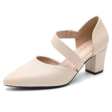 Imagem de Enelauge Sapatos femininos de bico fechado com tiras salto grosso bico fino salto baixo confortável vestido casamento noiva sapatos de formatura, Nude Matte, 40
