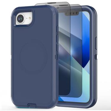 Imagem de Qizaixi Capa projetada para iPhone 16e [compatível com MagSafe] [com protetor de tela de privacidade] Capa de proteção total de 3 camadas resistente à prova de choque para celular, azul marinho
