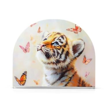 Imagem de Qilmy Porta-guardanapos fofos de tigres e borboletas para mesas, elegantes suportes de guardanapo de papel de placa acrílica, dispensador de papel de seda independente moderno para sala de jantar