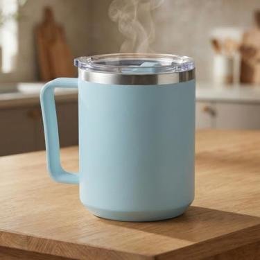 Imagem de Caneca Térmica 450ml Inox Parede Dupla com Tampa – Azul | Mantém Quente e Frio, Alça Ergonômica, Uso Diário Café e Chá
