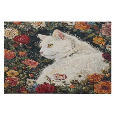 Imagem de Tapete de área 60 x 90 cm macio lavável tapete antiderrapante com suporte de borracha tapetes de área de rosas de gato branco para sala de estar, quarto, decoração de casa