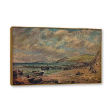 Imagem de Moldura de teca. Arte em tela romantismo estilo constável, (praia de Chesil), pintura de paisagem inglesa emoldurada, decoração de parede elegante para sala de estar escritório. 60 x 90 cm - 23,7 x