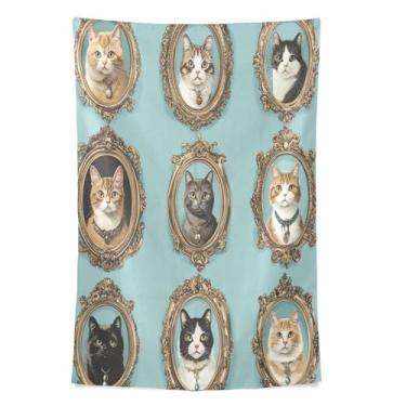 Imagem de STAYTOP Tapeçaria de parede retrô fofo de gato com desenho animado para decoração de casa decoração de dormitório sala de estar quarto tapete de parede (90 × 60 pol)