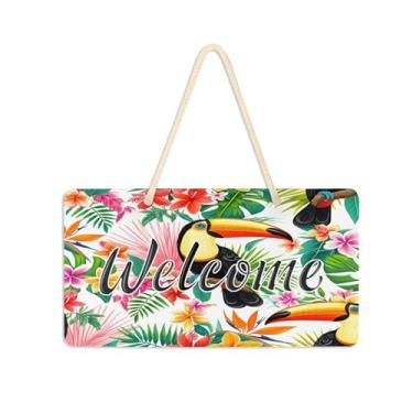 Imagem de Burbuja Placa de boas-vindas de flores tropicais de tucanos para porta da frente, placa de boas-vindas de PVC para decoração de férias de casa de fazenda, 15 x 28 cm