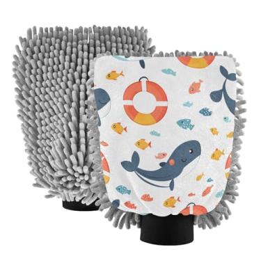 Imagem de STAYTOP Luvas de lavagem de carro com desenhos animados e golfinhos, 2 peças, luvas de microfibra de chenille, sem arranhões, panos de esponja de lavagem ultra absorventes para carros, limpeza
