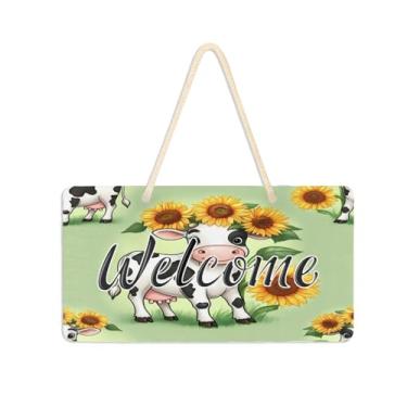 Imagem de Burbuja Placa de boas-vindas de vaca girassol para porta da frente, placa de boas-vindas de PVC para decoração de férias de casa de fazenda, 15 x 28 cm