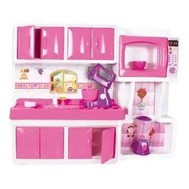 Imagem de Cozinha Doce Encantada, Brinquedo Infantil, Rosa com Branca, Plástico, 64x15x83cm, com Micro-ondas, Pia, Liquidificador, Batedeira, a partir de 3 Anos