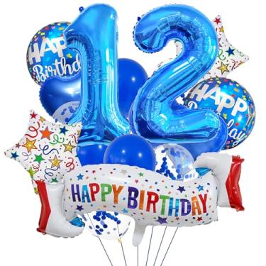 Imagem de Conjunto de decoração de aniversário de 12 anos, balão de coração azul de 12 anos, balão colorido de feliz aniversário de 12 anos para meninas, meninos, crianças, adultos, decoração de aniversário de