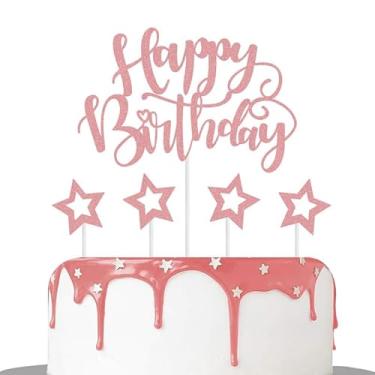 Imagem de 5PCS Glitter Happy Birthday Cake Topper Set with Hollow Star Decorations, Multi - Color Cake Decor Supplies for Birthday Party Dessert Table Decorations, Rosegold