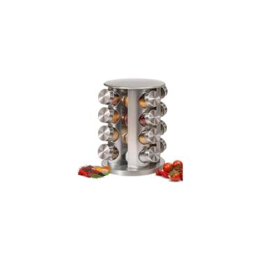 Imagem de Porta Condimentos em Torre, 16 Potes de Vidro com Tampa Inox, Base em Aço Inoxidável e Madeira, 80ml cada, 30x12x28cm