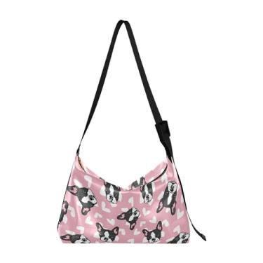 Imagem de Bolsas de couro macio verde tropical flamingo Hobo grandes bolsas masculinas modernas com estampa animal bolsas Hobo femininas, Buldogue francês têxtil cachorro rosa