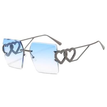 Imagem de HCPIHF Óculos de sol retrô sem aro feminino e masculino com decoração em metal e uv400 (azul degradê dourado)