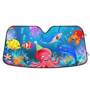 Imagem de Toldo de sol bonito colorido da vida marinha dos desenhos animados para para-brisas de carro de caminhão retrátil personalizado para protetor de janelas dianteiras S, 134,6 cm x 59,7 cm