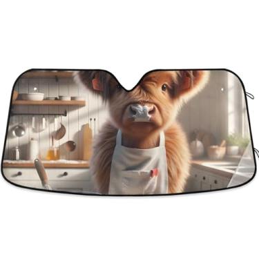 Imagem de Highland Cow Chef Toldo de sol engraçado para para-brisa de carro engraçado personalizado retrátil caminhão carro para protetor de janelas dianteiras S, 134,6 cm x 59,7 cm