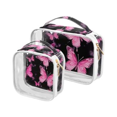 Imagem de GAIGEO Conjunto de bolsa de maquiagem transparente com flores violeta com folhas, bolsa de maquiagem de plástico, bolsas de higiene pessoal de viagem para mulheres, pacote com 2, Borboletas rosa em